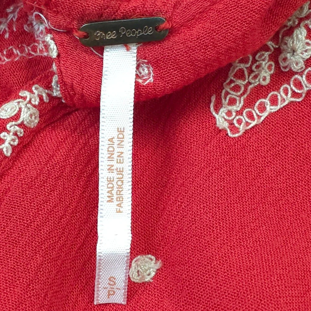 Free People Red Embroidered Boho Tunic Dress Mini Bell Sleeve S Babydoll Chic